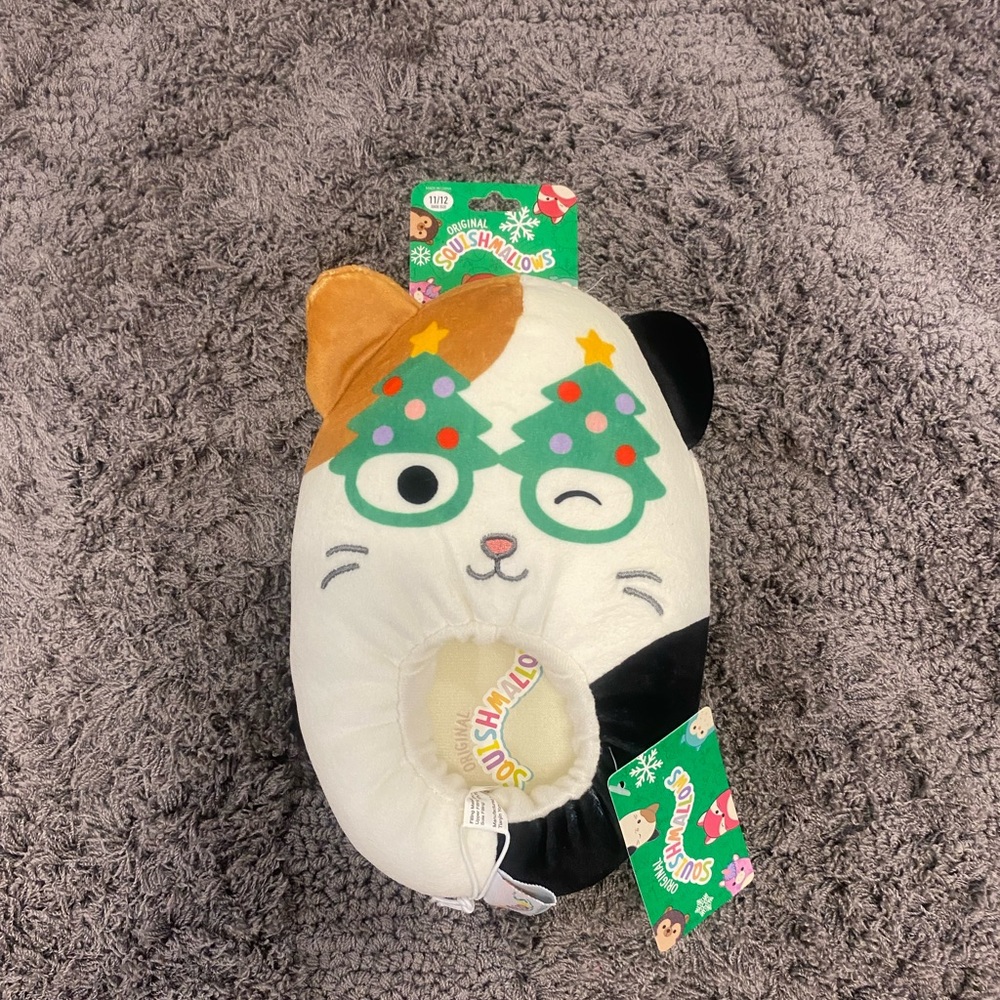 Squishmallows Multicolor Cat Slipper with Holiday Tree Glasses